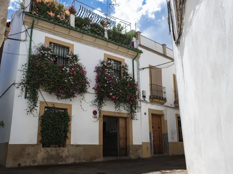 Casa tradicional del barrio judío con flores colgantes púrpuras, Córdoba, España