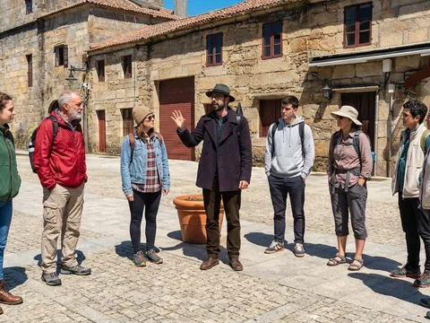 Guía de buendía explicando la historia de Cambados a un grupo de excursionistas