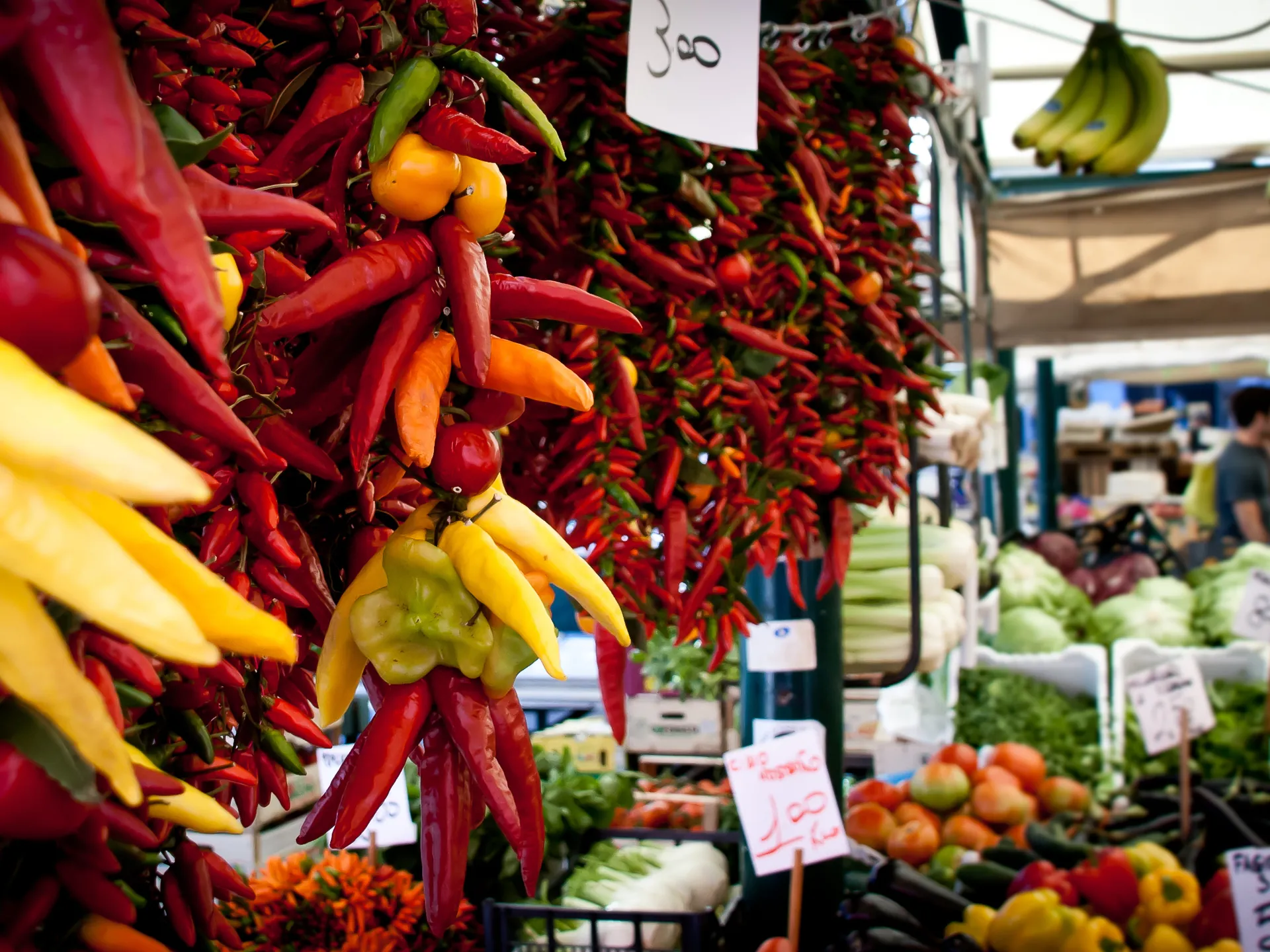Coloridas verduras colgadas en el Mercado del Agricultor de Venecia, Italia