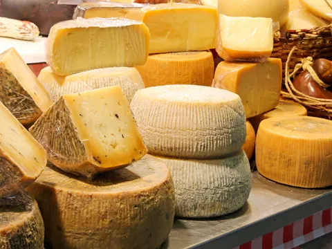 Variedad de quesos artesanales italianos en un mercado, con piezas enteras y cortes que muestran diferentes texturas y colores sobre una mesa con mantel a cuadros.