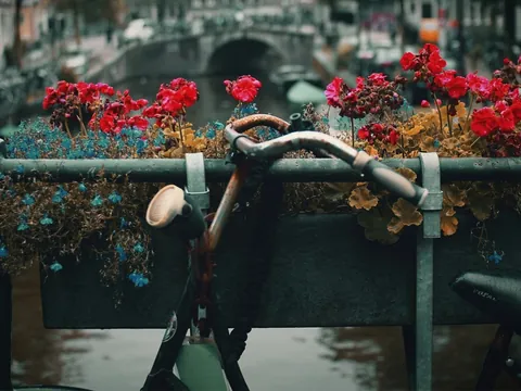 Bicicleta apoyada en un puente adornado con flores coloridas en el centro de Ámsterdam.