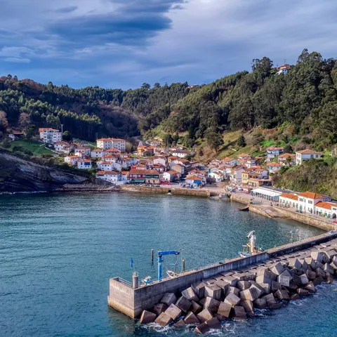 Vista aérea del puerto y el pueblo de Tazones