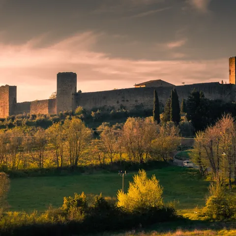 Murallas medievales de Monteriggioni al atardecer en Toscana, Italia