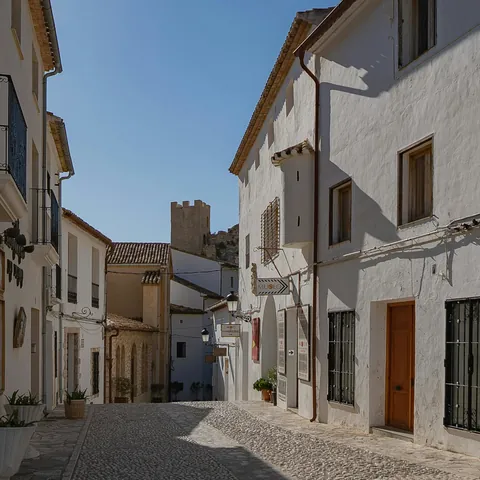 Calle empedrada con casas blancas en Guadalest, con la torre del castillo al fondo.