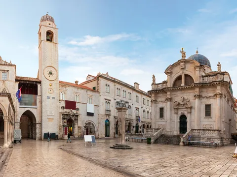 Palacio Sponza, Columna de Orlando e Iglesia de San Blas en la Plaza, Dubrovnik, Croacia