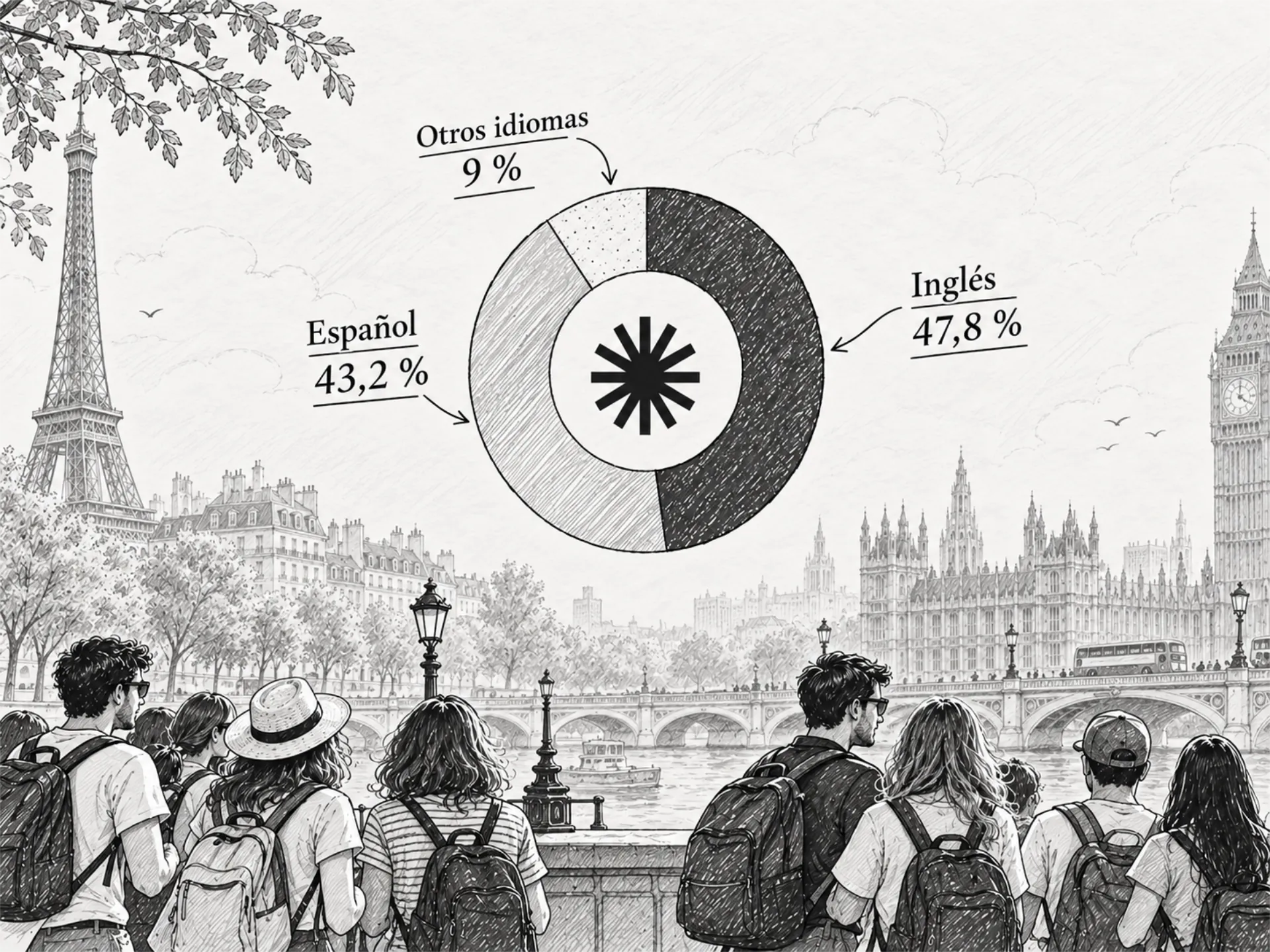 Ilustración e infografía con el porcentaje de viajeros en español e inglés de buendía
