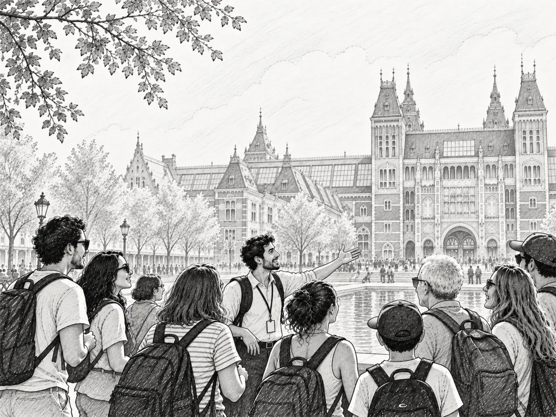 Ilustración de excursionistas con guía de buendía visitando el Rijksmuseum, Ámsterdam
