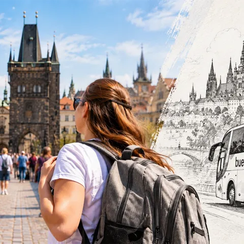 Joven excursionista cruzando el puente de Carlos en Praga