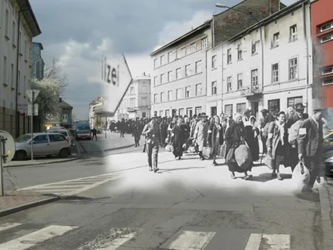 Recorrido por calles del gueto de Cracovia mostrando episodios históricos.