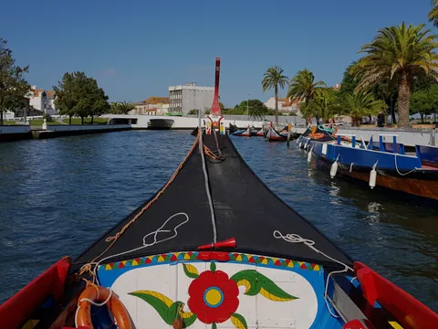Vista desde un moliceiro navegando por los canales de Aveiro entre otras embarcaciones.