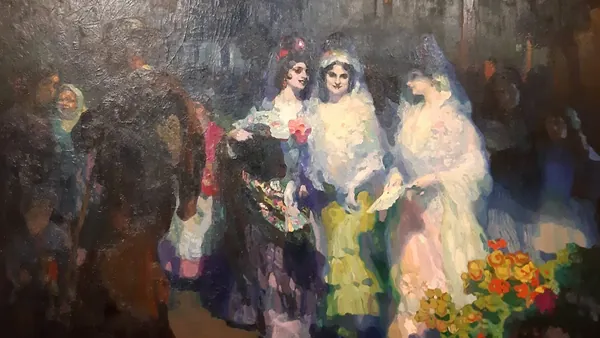 Obra de arte de Gustavo Bacarisas, pintor que destacó por su habilidad para representar escenas costumbristas y festivas de la vida española.