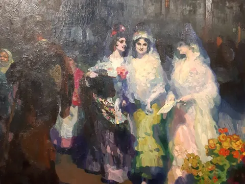 Obra de arte de Gustavo Bacarisas, pintor que destacó por su habilidad para representar escenas costumbristas y festivas de la vida española.